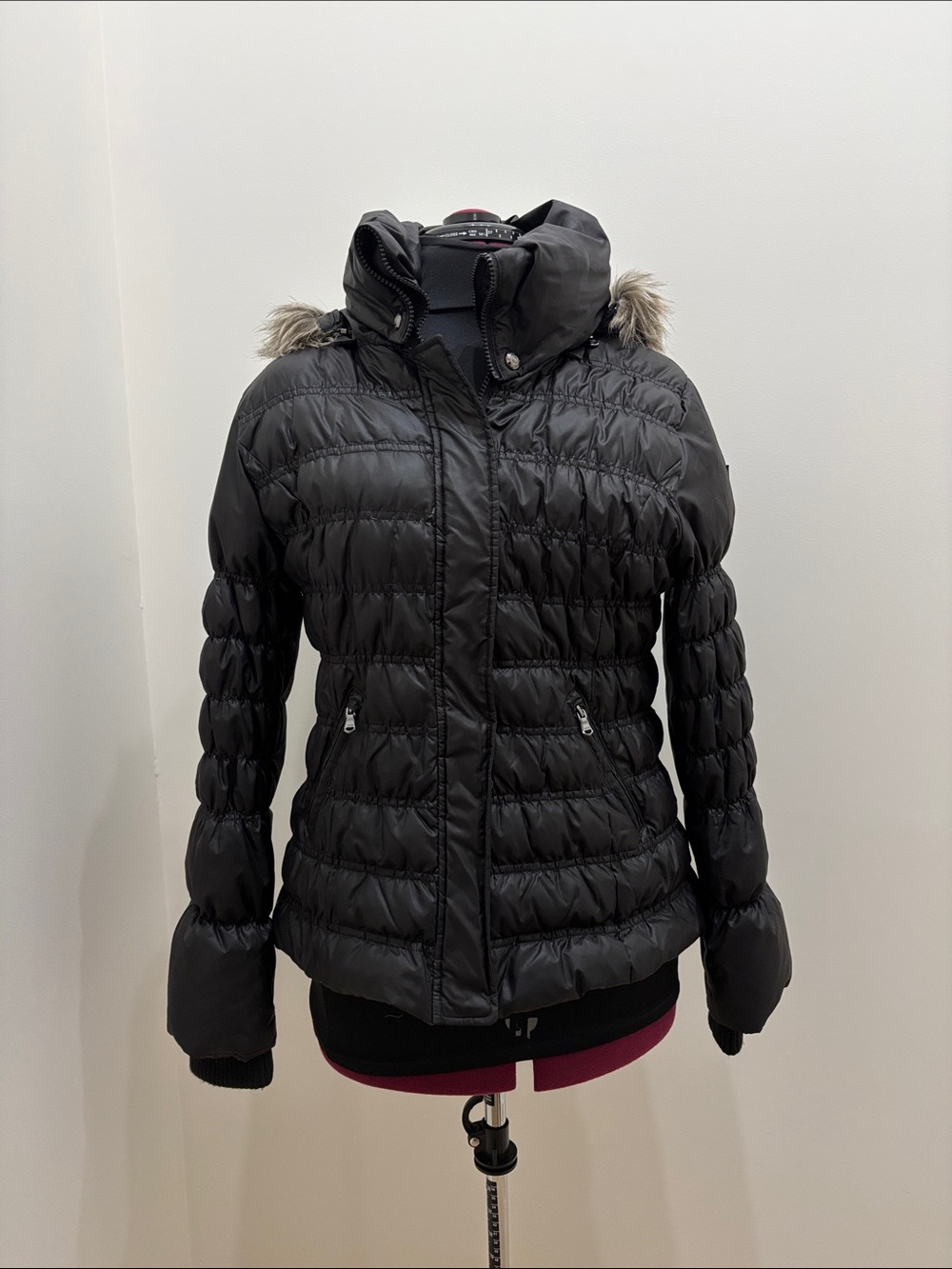 Guess Women's Black Quilted Puffer Jacket with Faux Fur Hood